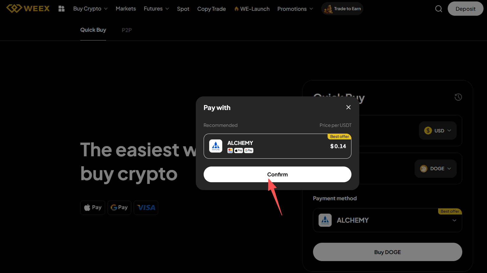 Étape 2 : Comment acheter du DOGE avec des USD sur WEEX OTC ? Version Web