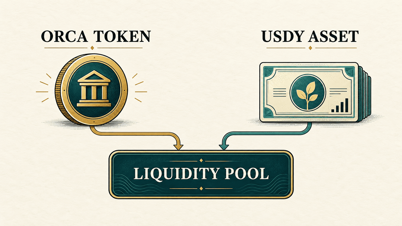 Schéma distinguant le token de gouvernance ORCA d’USDY, un actif de rendement tokenisé, tous deux reliés à un pool de liquidité Orca