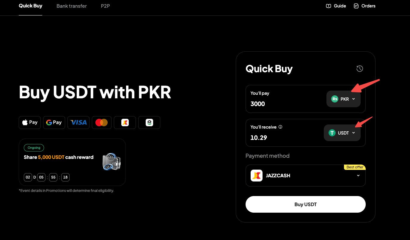 Selecione “PKR” como moeda fiduciária e “USDT” como a crypto a comprar