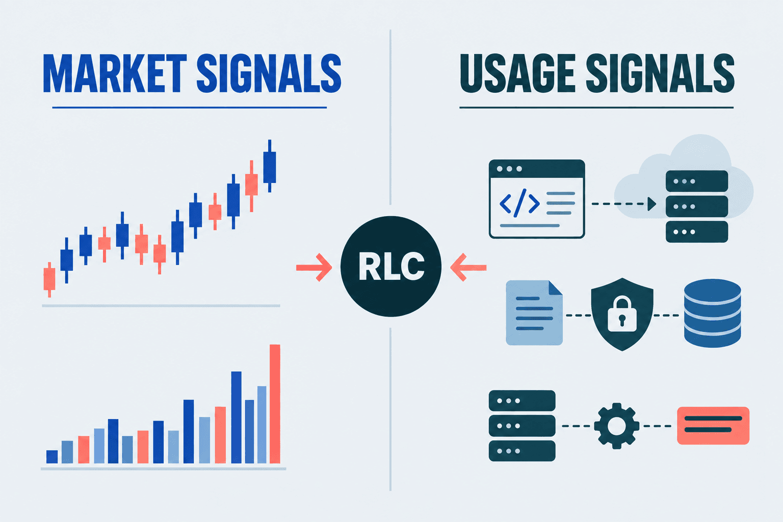 Diagram comparing RLC market signals with iExec network usage signals such as confidential applications, protected data, and compute settlement