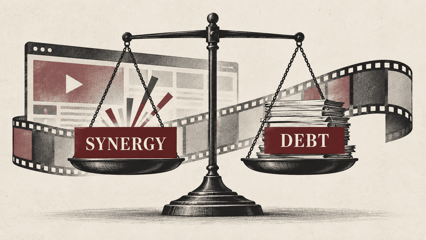 Illustration éditoriale d’une balance comparant le potentiel de synergies d’une fusion au poids de la dette d’une entreprise médiatique
