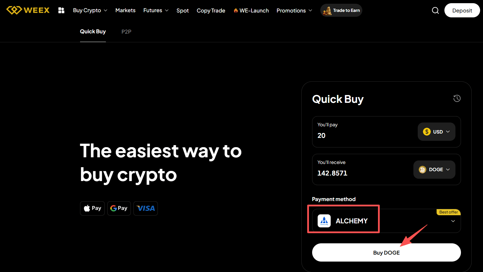 Étape 3 : Comment acheter du DOGE avec des USD sur WEEX OTC ? Version Web