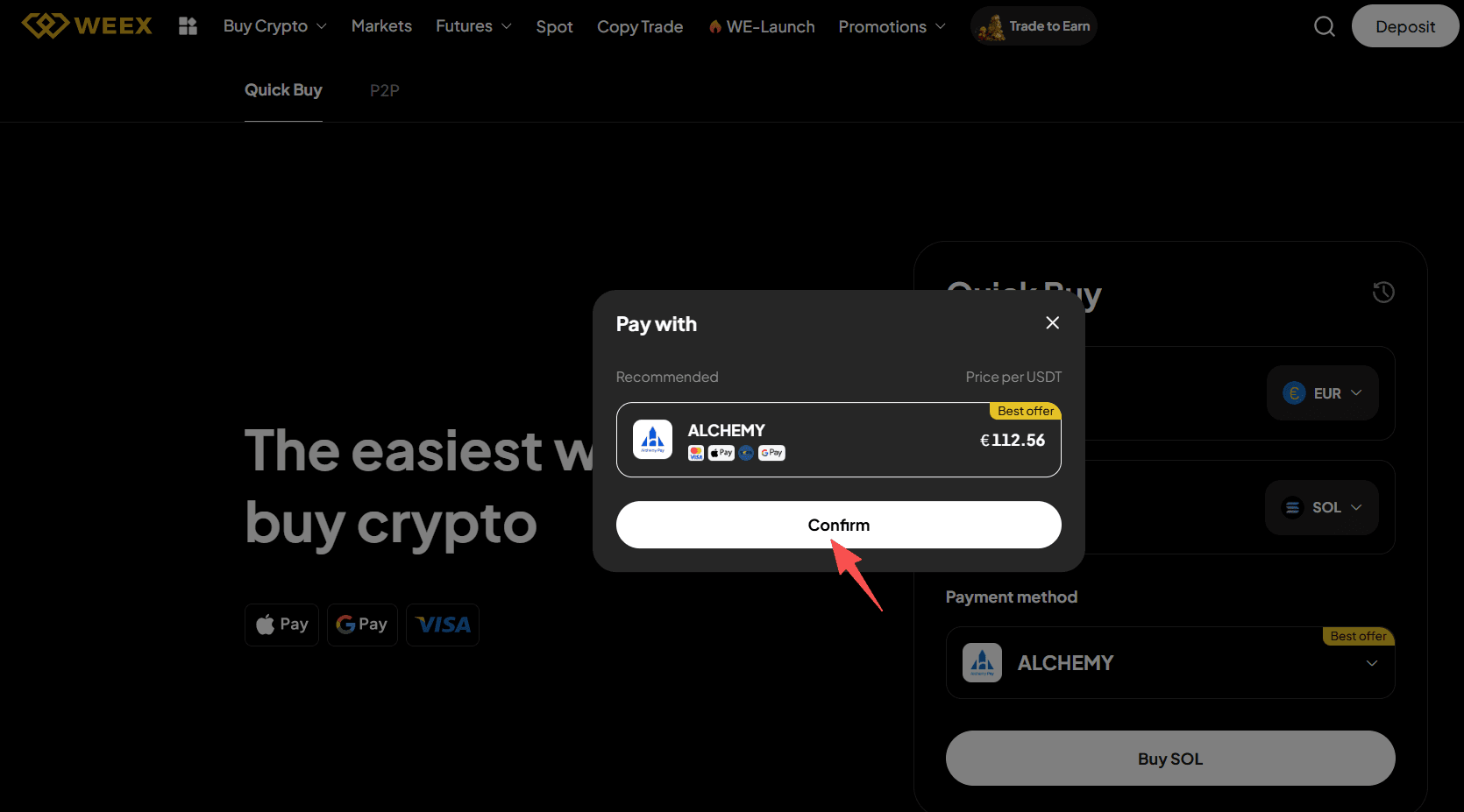 Étape 2 : Comment acheter du SOL avec des EUR sur WEEX ? Version Web