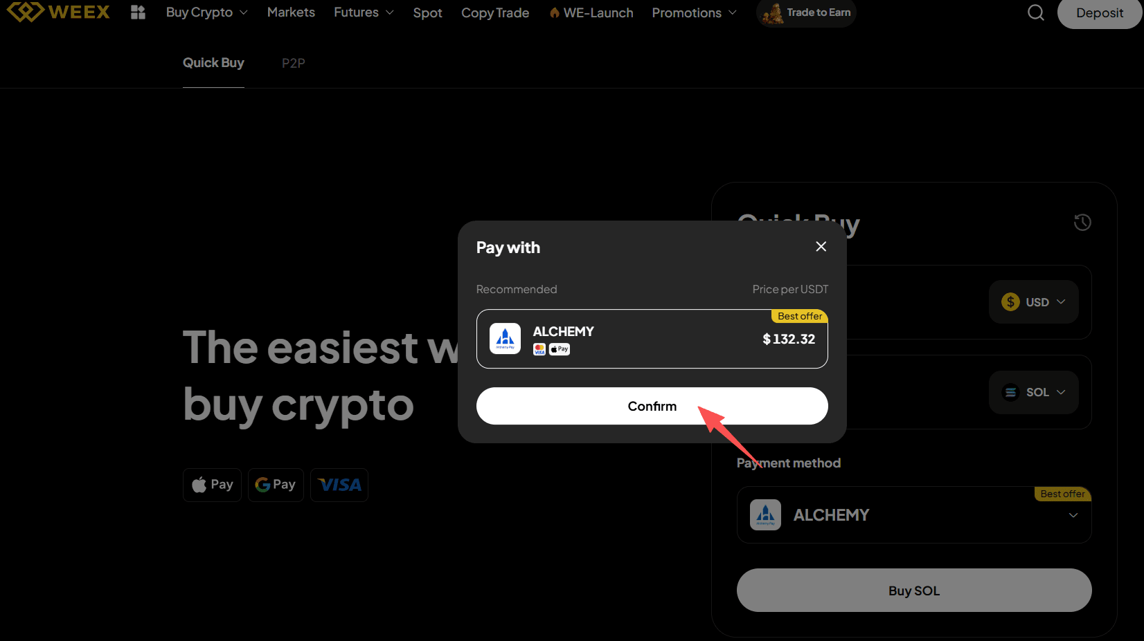 Étape 2 : Comment acheter du SOL en USD sur WEEX OTC ? Version Web