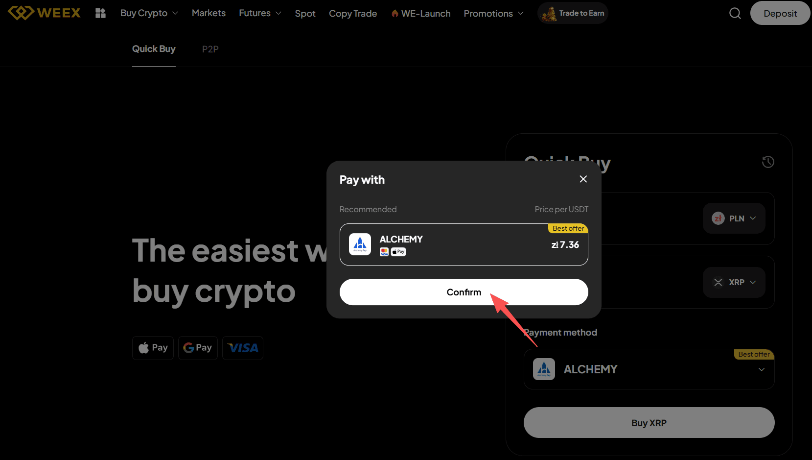 Étape 2 : Comment acheter du XRP avec du PLN sur WEEX OTC ? Version Web