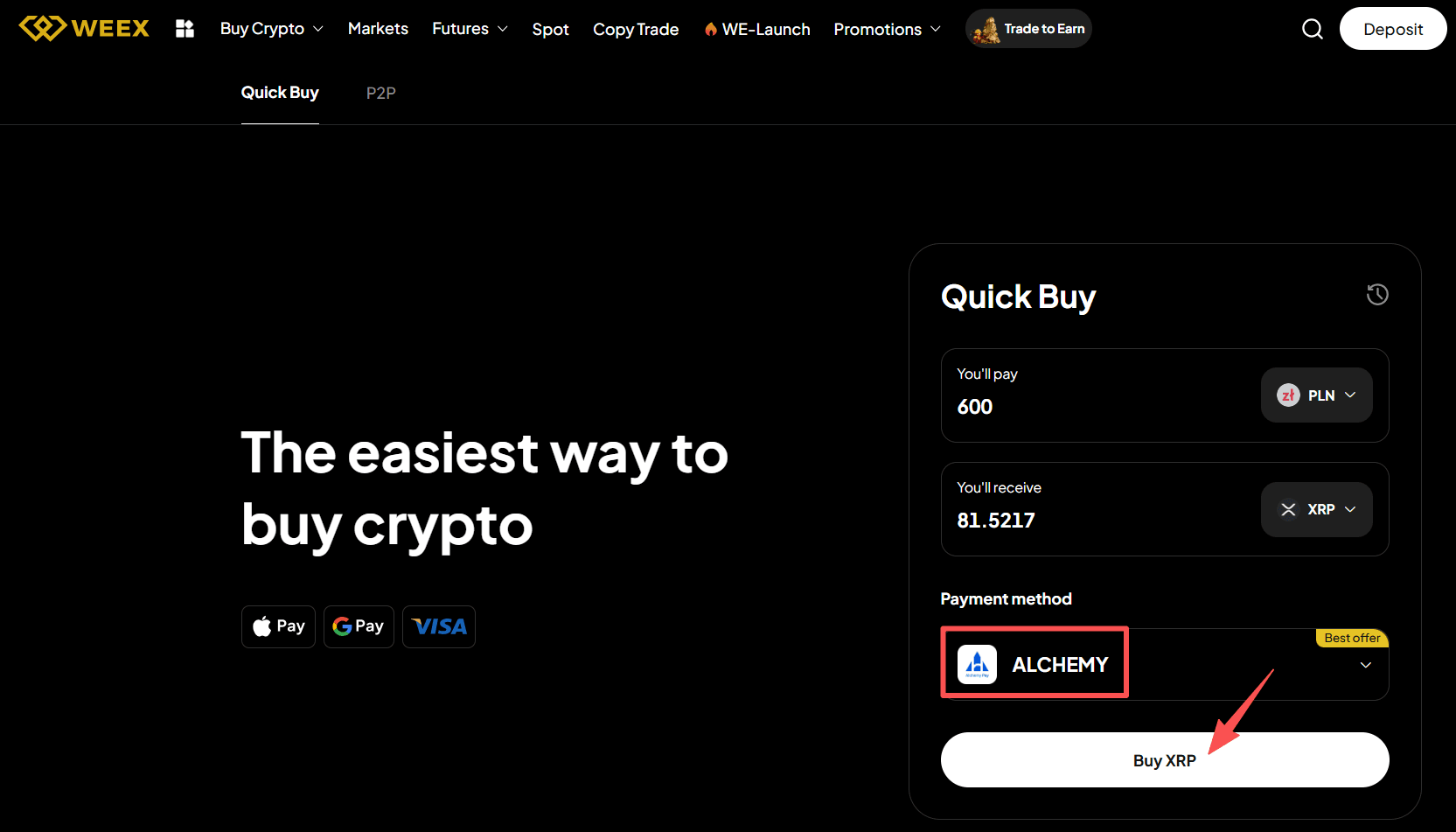Étape 3 : Comment acheter du XRP avec du PLN sur WEEX OTC ? Version Web