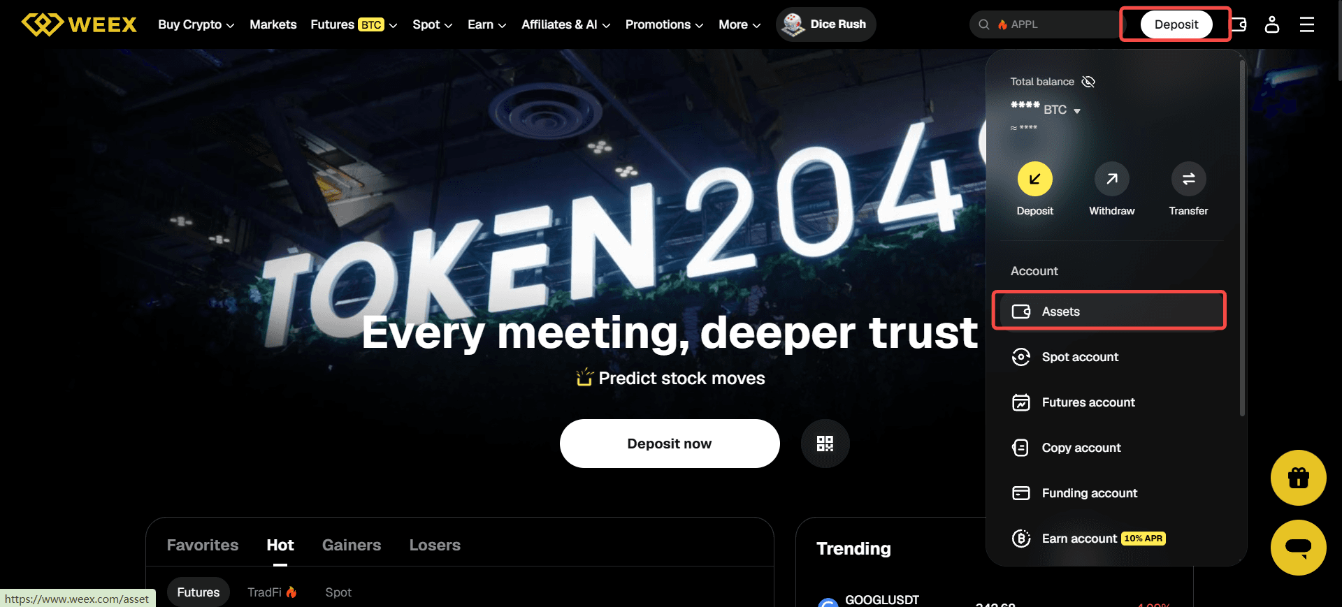 Navigation du compte WEEX avec les accès au dépôt et au trading au comptant