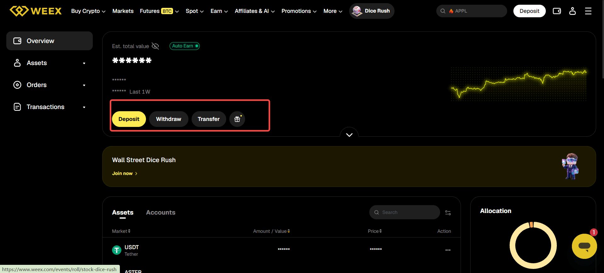 Navigation du compte WEEX avec les accès au dépôt et au trading au comptant